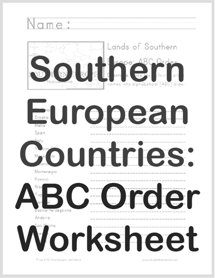 Southern European Countries in Alphabetical Order Worksheet - Free to Print (PDF File)