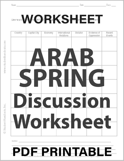 Arab Spring Discussion Handout: Unrest in the Middle East, from 2011 - Free to print (PDF file).