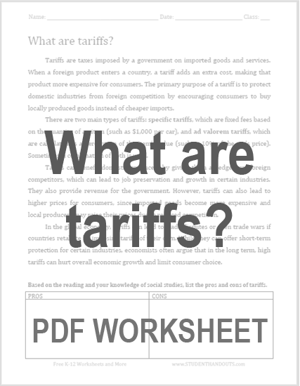 What are tariffs? Worksheet - Free to print (PDF file) for high school Economics students and teachers.