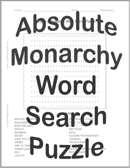 Global Absolutism Word Search Puzzle - Free to print (PDF file) for high school World History students.