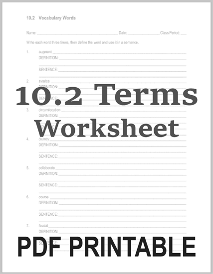 Vocabulary List 10.2 Sentences and Definitions Worksheet - Free to print (PDF file).