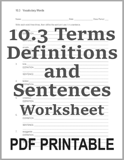 Vocabulary List 10.3 Sentences and Definitions Worksheet - Free to print (PDF file).