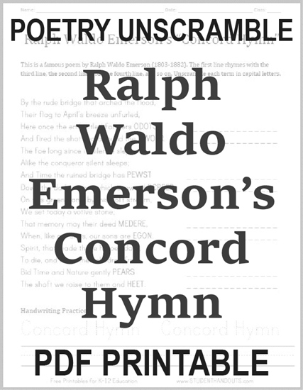 Concord Hymn Poetry Unscrambler Worksheet - Free to print (PDF file).