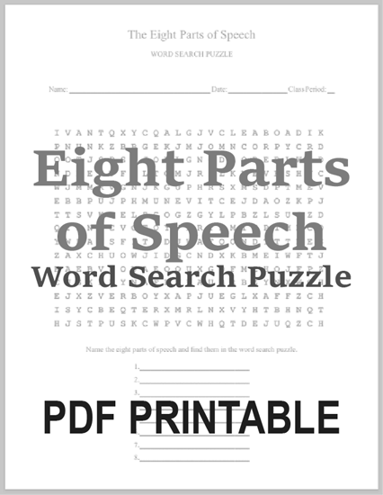 Eight Parts of Speech Word Search Puzzle - Free to print (PDF file) for grade school ELA: English Language Arts.