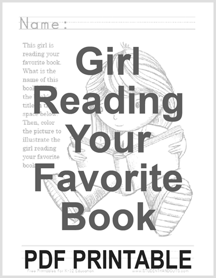 Girl Reading Your Favorite Story Coloring Page Worksheet - Free to print (PDF file).