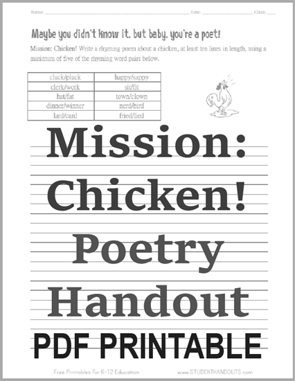 Mission: Chicken! Poetry Handout - Rhyming poem worksheet is free to print (PDF file).