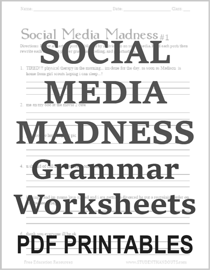 Social Media Madness Worksheets - Free to print (PDF files). Fun with grammar and punctuation for high school English students.
