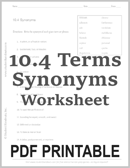 10.4 Synonyms Worksheet - Free to print (PDF file).