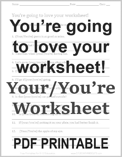 Printable Your/You're Worksheet for ELA - Free to print (PDF file).