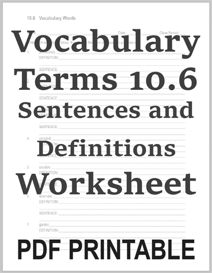 Vocabulary Terms 10.6 Sentences and Definitions Worksheet - Free to print (PDF file).