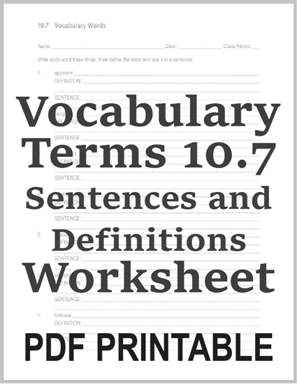 Vocabulary Terms 10.7 Sentences and Definitions Worksheet - Free to print (PDF file).