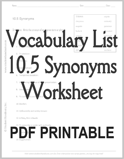 Vocabulary List 10.5 Synonyms Worksheet - Free to print (PDF file).