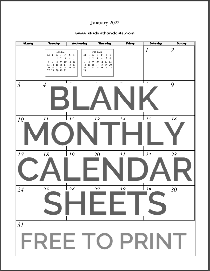 Free Printable Blank Monthly Calendar Sheets - Select and print (PDF files).