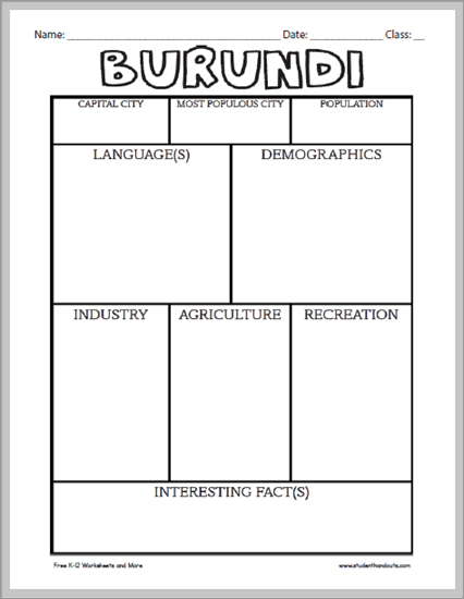 Burundi Notebooking Worksheet - This research worksheet for Geography is free to print (PDF file).