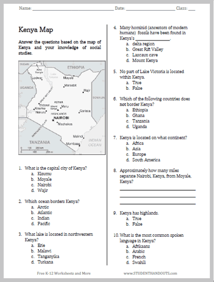 Kenya Map Worksheet - Free printable PDF. Includes answer key. Grades 6 and up.