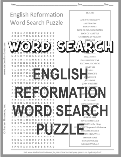 English Reformation Word Search Puzzle - Free to print (PDF file) for high school World History students.