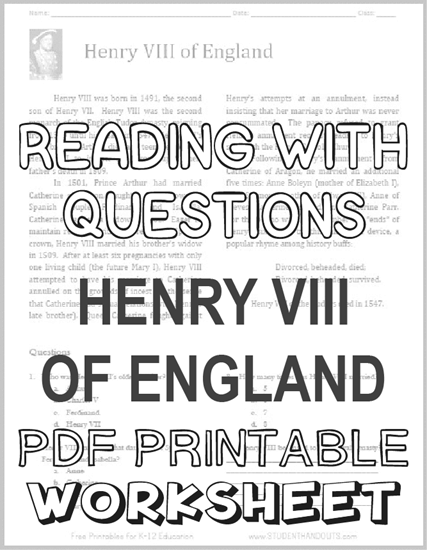 Henry VIII Worksheet - Reading with Questions - Free to Print (PDF File)
