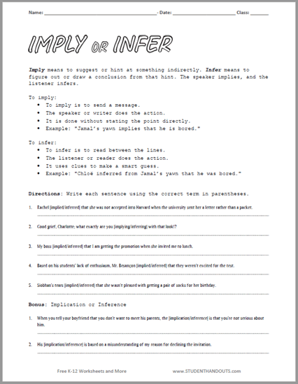Imply Versus Infer Worksheet - Free printable PDF for junior and senior high school ELA students.