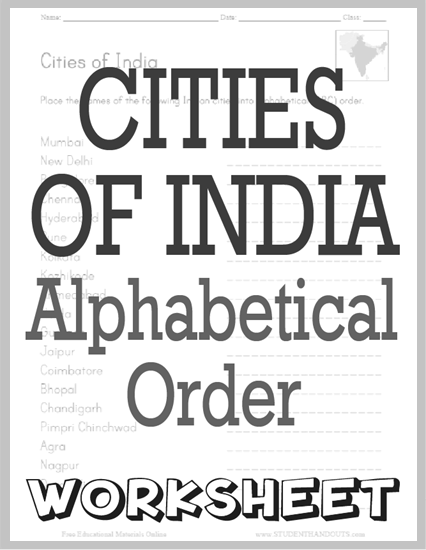 Cities of India in ABC Order - Worksheet is free to print (PDF file).