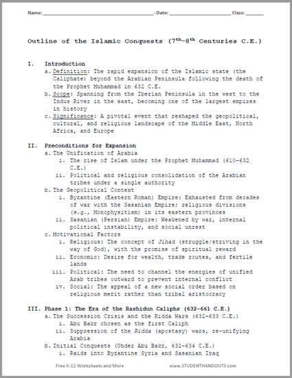 Spread of Islam Printable Outline - Free to print (PDF file). Two versions: one full and one mostly empty for students to fill in.