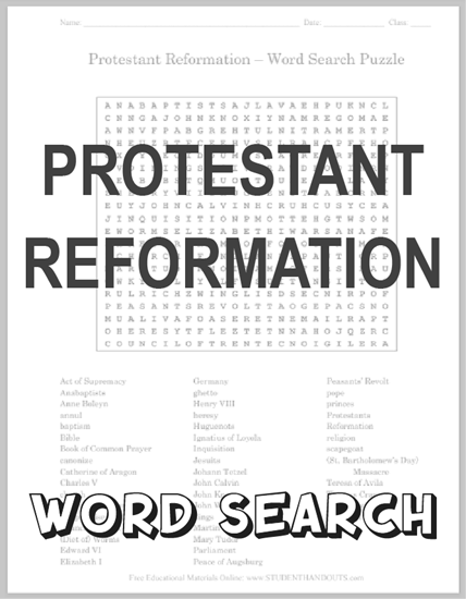 Protestant Reformation Word Search Puzzle - Free to print (PDF file) for high school World History and European History students.