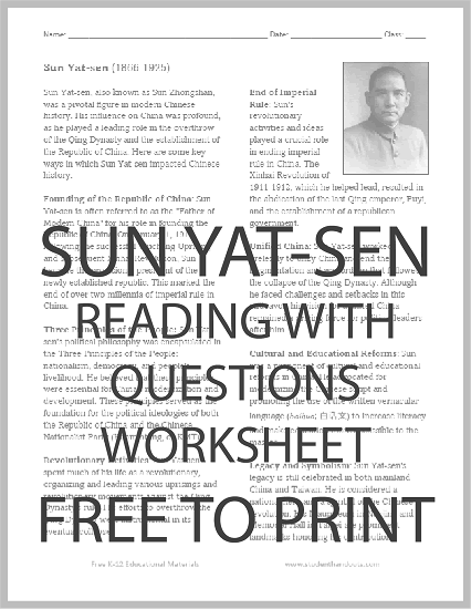 Sun Yat-sen Reading Worksheet - Free to print (PDF file).