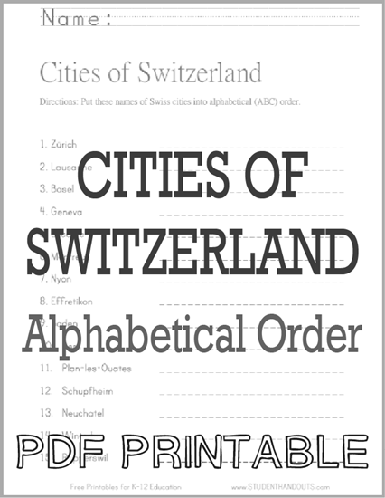 Swiss Cities in ABC Order Worksheet - Free to print (PDF file).