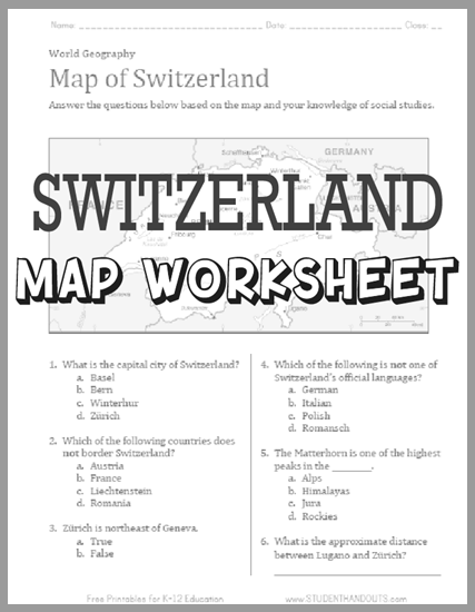 Map of Switzerland Worksheet - Free to print (PDF file).