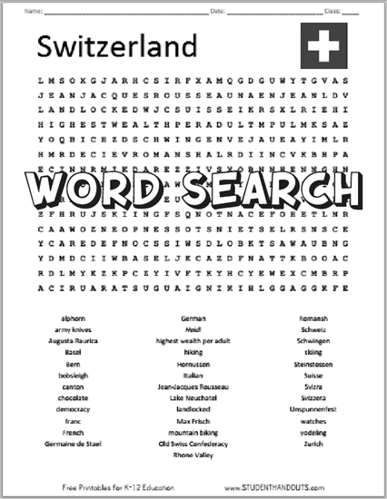 Switzerland Word Search Puzzle - Free to print (PDF file).