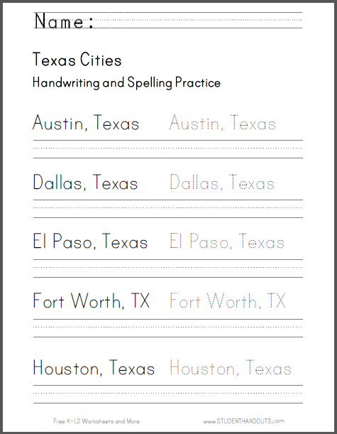 Texas Handwriting Practice Worksheets - Free to print (PDF files). Cursive script or print ...