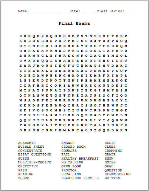 Final Exams Free Printable Word Search Puzzle Student Handouts